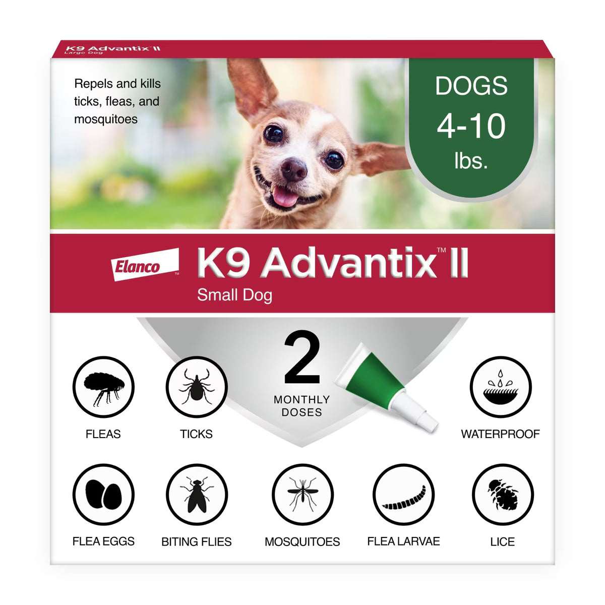 A box of K9 Advantix II topical treatment for small dogs weighing 4 to 10 pounds.