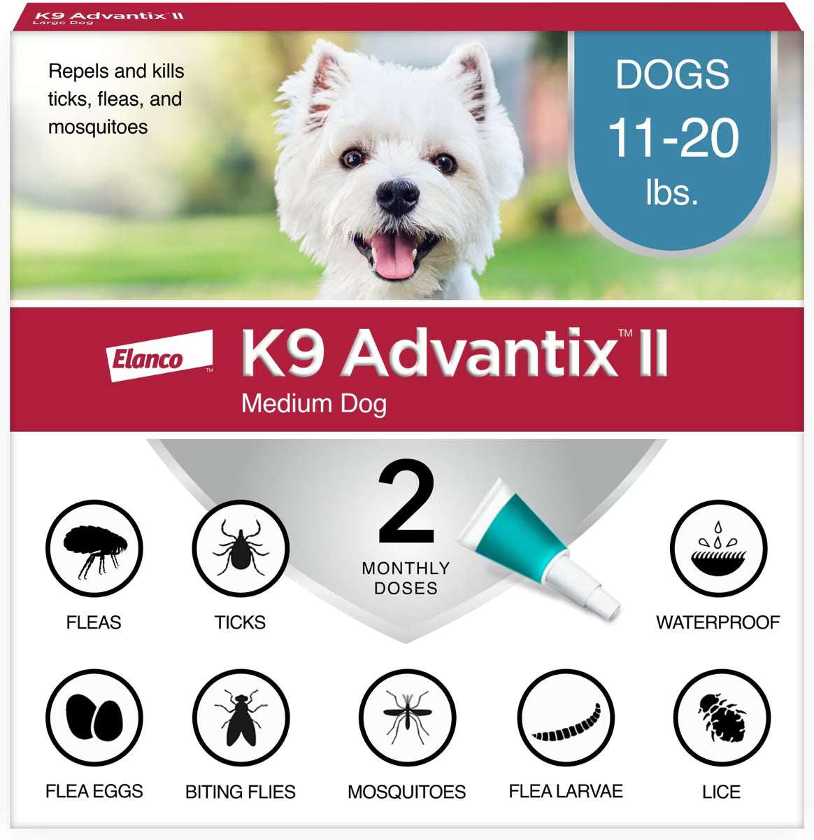 A box of K9 Advantix II topical treatment for medium dogs weighing 11 to 20 pounds.