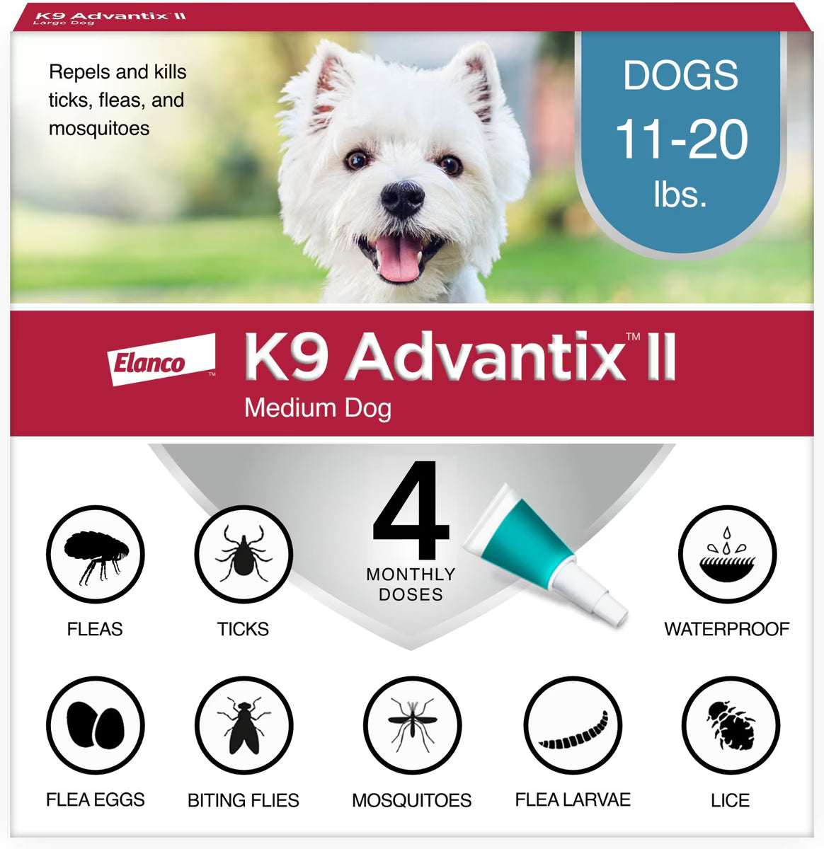 A four-pack of K9 Advantix II topical treatment for medium dogs weighing 11 to 20 pounds.