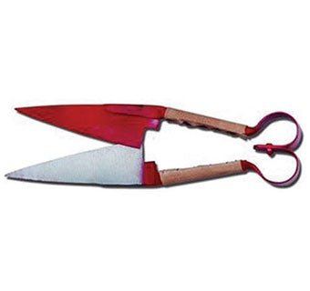 Agri-Pro sheep shears featuring straight six-inch blades, red enamel handles, and leather grips.