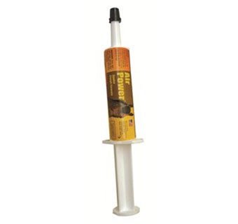 A half-ounce oral syringe of Air Power cough relief formula for horses.