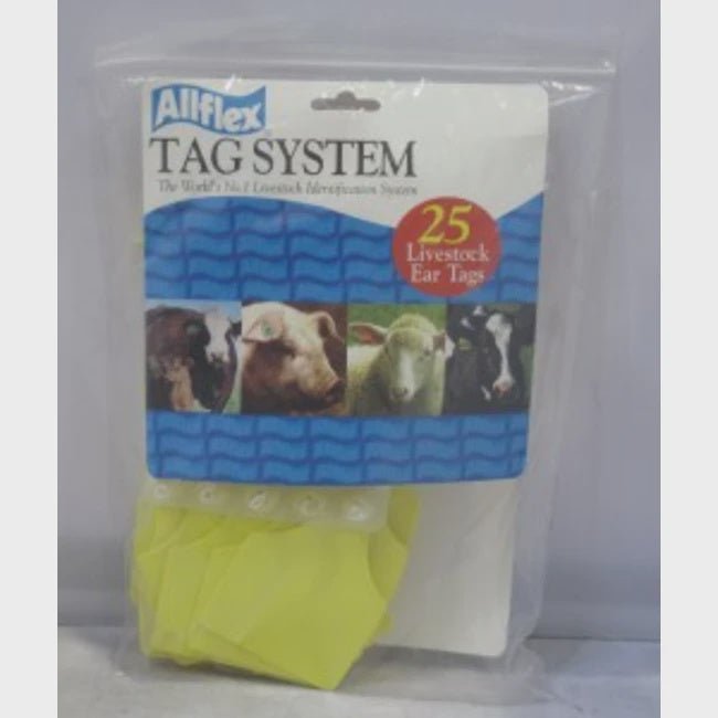 A sealed plastic bag containing twenty-five yellow Allflex livestock ear tags.