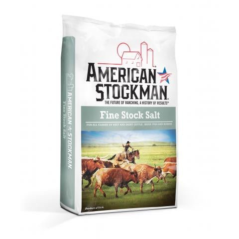 A 50-pound bag of American Stockman Fine Stock Salt featuring a rancher herding cattle.