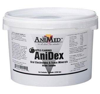 A five-pound white plastic tub of Animed AniDex oral electrolyte and trace mineral supplement.