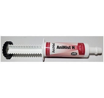 A 60 mL oral syringe of Animed Anihist H equine gel with a graduated plunger.