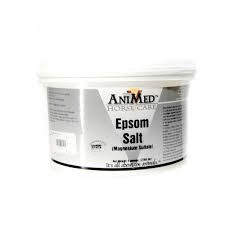 A white plastic tub of Animed Epsom Salt for horses.