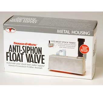 A Trough-O-Matic anti-siphon float valve with a metal housing in its product packaging.