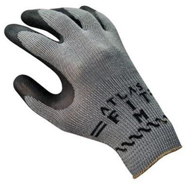 A grey seamless knit work glove with a black rubber palm coating and the Atlas logo on the wrist.