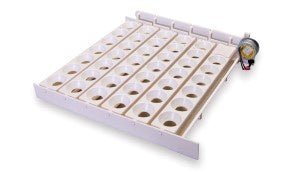 An automatic egg turner with plastic cups for 41 chicken eggs and an attached electric motor.