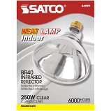 A clear 250 watt infrared heat lamp bulb in its retail packaging.