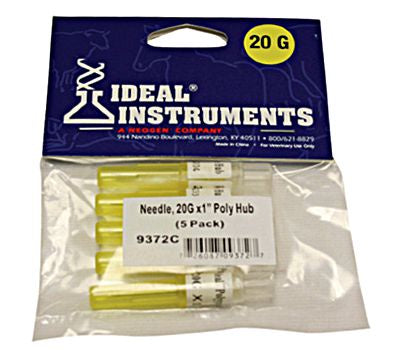 A five-pack of 20 gauge by 1 inch poly hub needles in a clear plastic bag with a blue header.