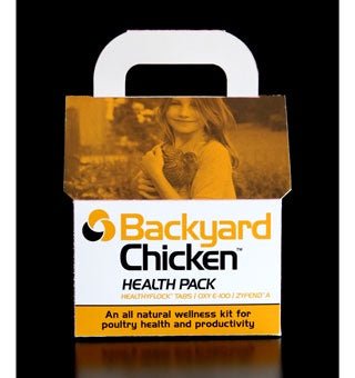A Backyard Chicken Health Pack box featuring a photo of a child holding a chicken.