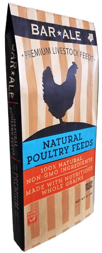 A forty-pound bag of Bar Ale non-GMO layer feed featuring a silhouette of a chicken.