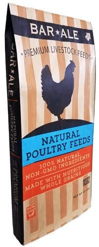A forty-pound bag of Bar Ale non-GMO eight grain scratch poultry feed with a chicken silhouette.