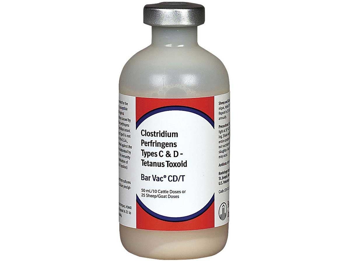 A 50 mL vial of Bar Vac CD/T vaccine for cattle, sheep, and goats.