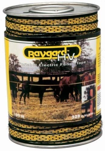 A roll of yellow and black Baygard electric fence tape with a 328-foot length.