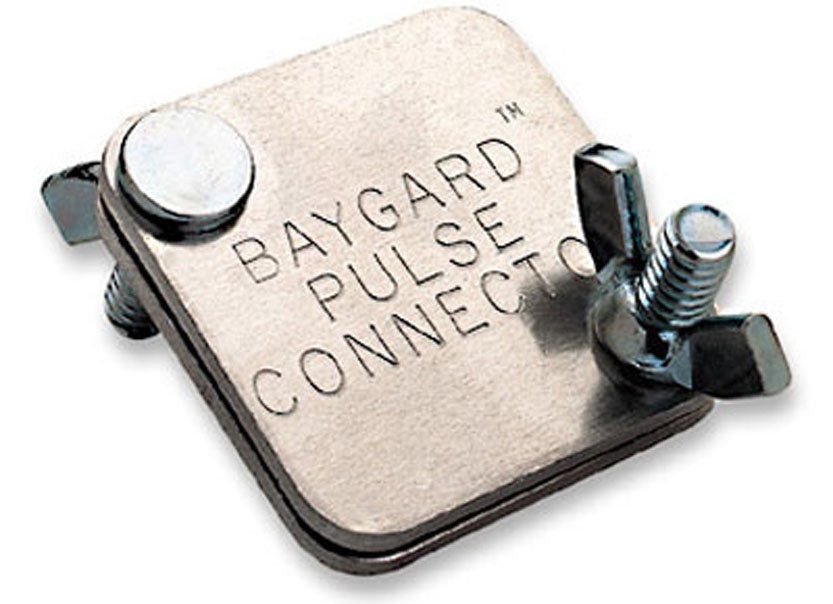 A silver Baygard pulse connector with a dual wingnut design for splicing electric fence wire.