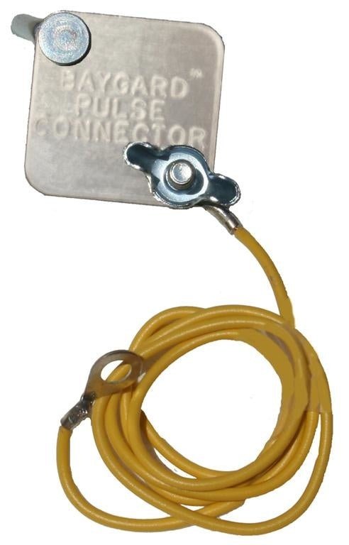 A Baygard pulse connector with a metal plate and a twenty-four inch yellow insulated lead wire.