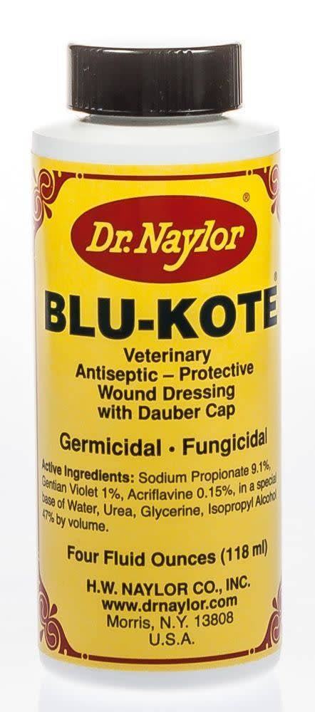 A four-ounce bottle of Dr. Naylor Blu-Kote veterinary antiseptic wound dressing with a dauber cap.