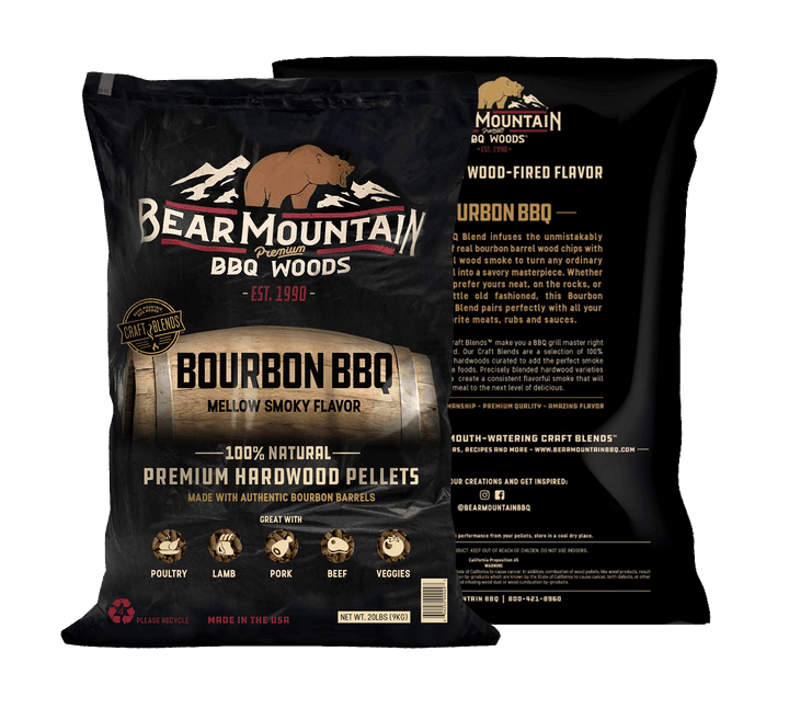 A twenty-pound bag of Bear Mountain Bourbon BBQ hardwood smoker pellets.