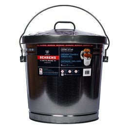 A round, galvanized steel trash can with a locking lid and a wire carrying handle.