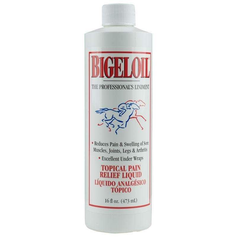 A white plastic bottle of Bigeloil liquid liniment with a red and blue horse logo.