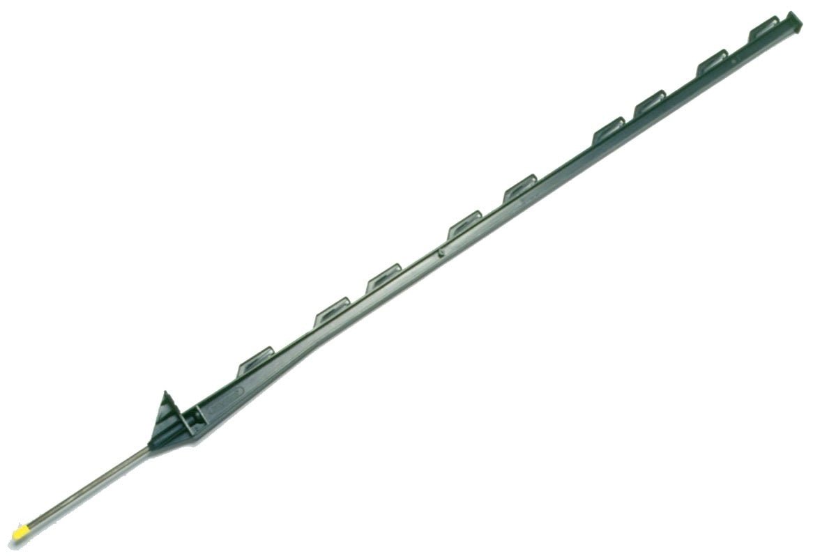 A 48-inch green poly step-in fence post with a steel spike and nine molded wire insulators.