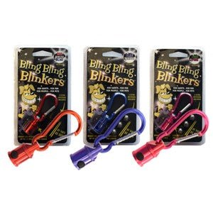 Three Bling Bling Blinker LED safety lights in red, blue, and pink on their retail packaging.