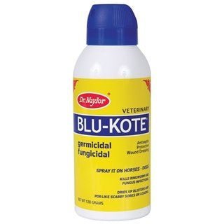 A bottle of Dr. Naylor Blu-Kote aerosol spray with a blue cap and yellow label.