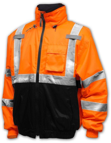 An orange and black high-visibility insulated bomber jacket with silver reflective tape.