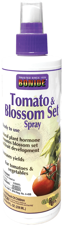 An 8 fluid ounce spray bottle of Bonide Tomato and Blossom Set plant hormone.