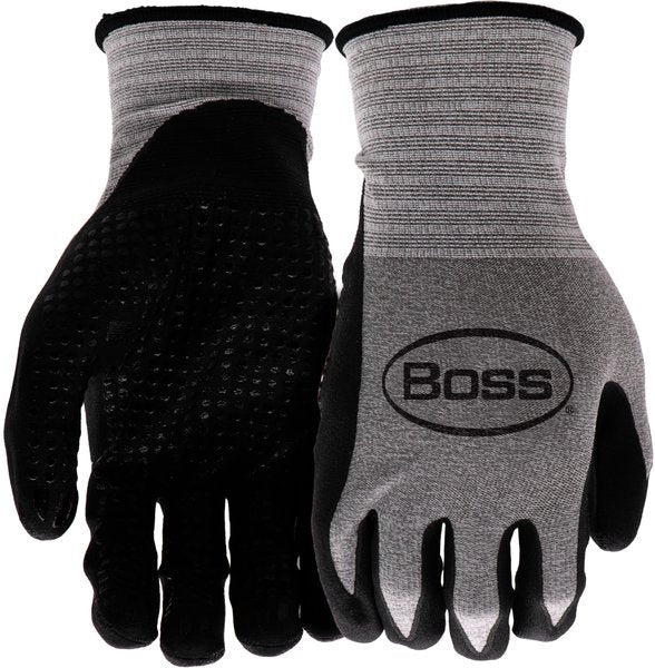 A pair of grey and black Boss tactile work gloves with a dotted nitrile palm and knit wrist.