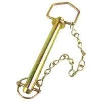 A yellow zinc-plated hitch pin with a swivel handle, attached chain, and lynch pin.