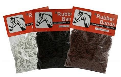 Three bags of Braid-Binders rubber bands in white, black, and brown for mane and tail braiding.