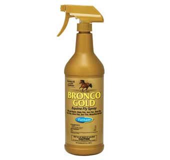 A 32-ounce spray bottle of Bronco Gold Equine Fly Spray with a gold label and trigger sprayer.