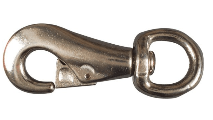 A nickel-plated bull snap with a round swivel eye on a white background.