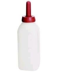 A translucent two-quart calf bottle with a red snap-on rubber nipple.