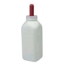A two-quart translucent plastic calf bottle with a red rubber screw-on nipple.
