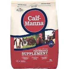 A ten-pound bag of Calf-Manna performance supplement featuring images of various farm animals.
