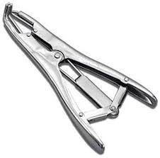 A nickel-plated metal castration band applicator with notched fingers for holding latex rings.