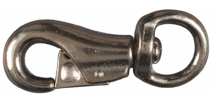 A nickel-plated cattle snap with a round swivel eye.