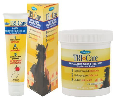 Farnam Tri-Care wound treatment in a tube, box, and jar for horses and dogs.