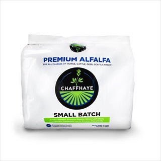 A white bag of Chaffhaye premium alfalfa forage for animals.