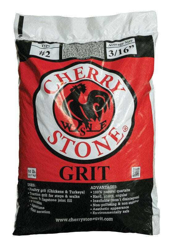A fifty pound bag of Cherry Stone number two poultry grit featuring a rooster logo.
