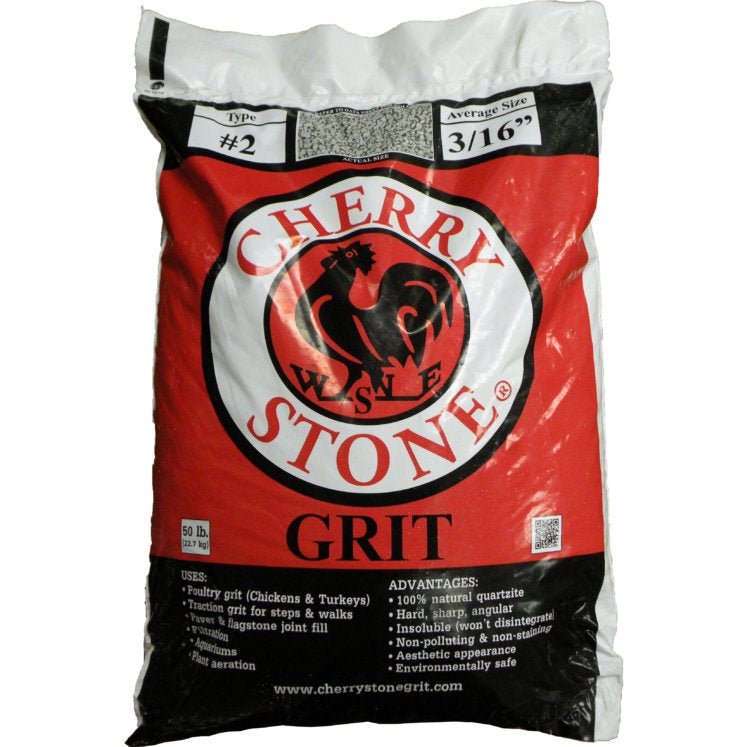 A fifty-pound bag of Cherry Stone #2 poultry grit featuring a rooster logo on a red background.