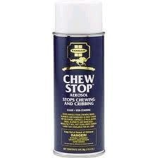A blue aerosol can of Farnam Chew Stop spray for horses with a white cap.