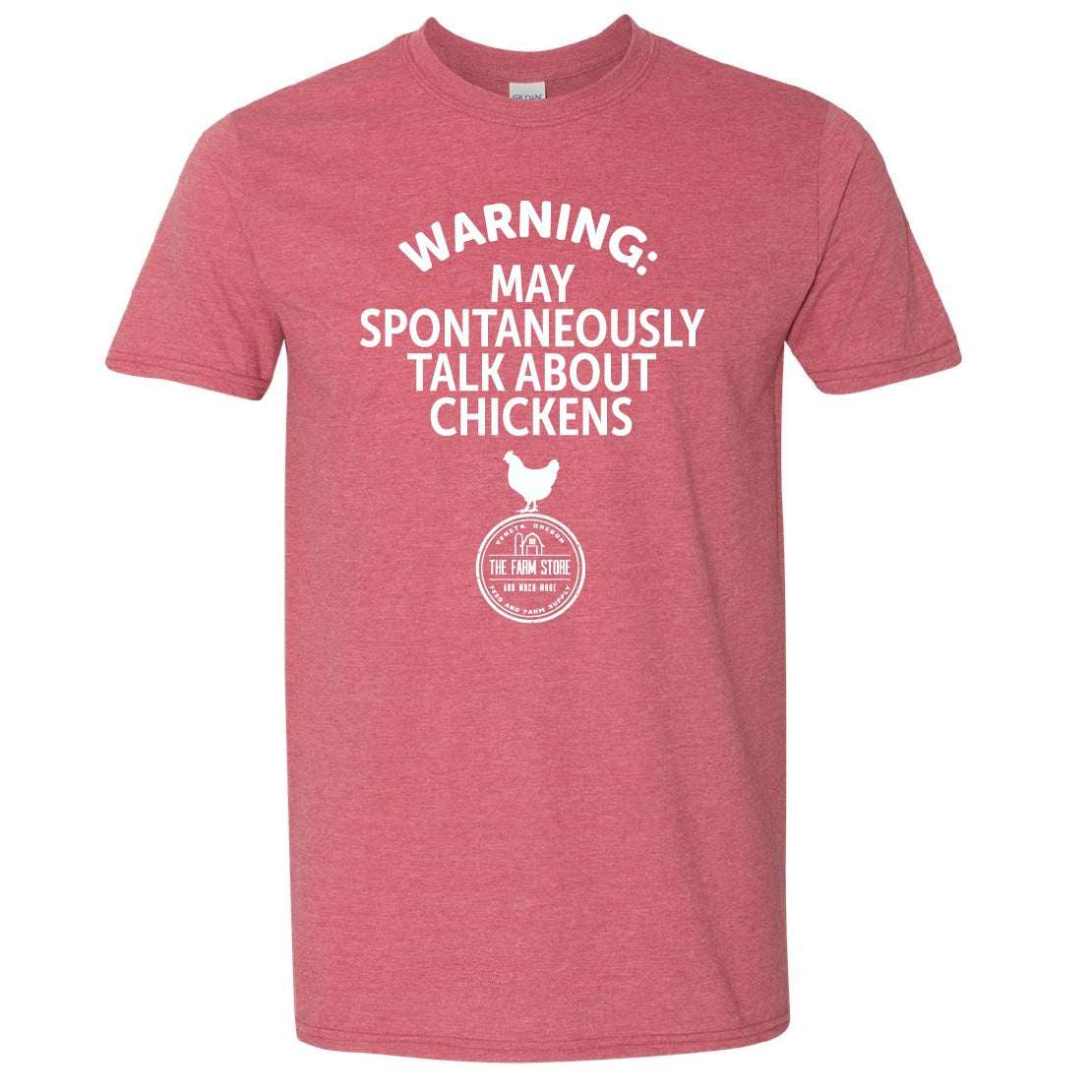 A heather red crew neck t-shirt with white text that reads Warning May Spontaneously Talk About Chickens.