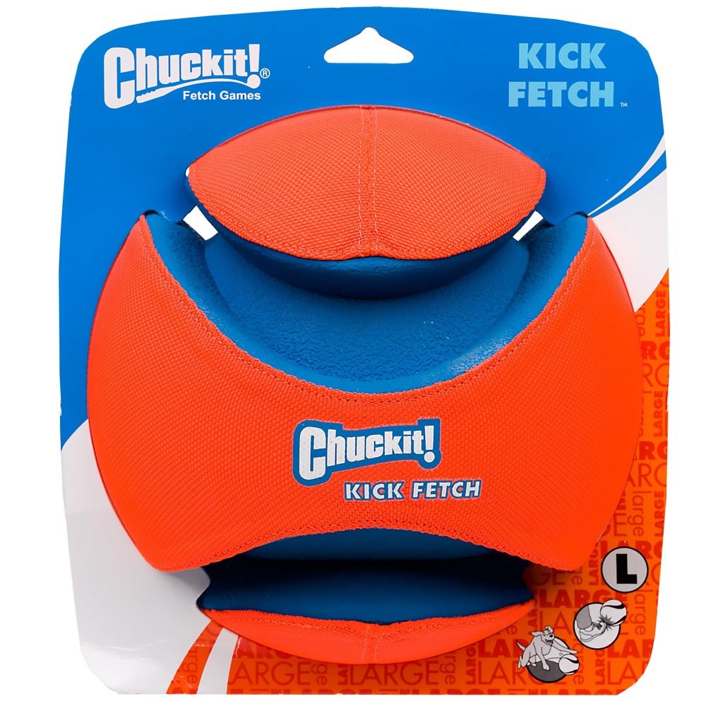 A large orange and blue Chuckit! Kick Fetch ball in its retail packaging.