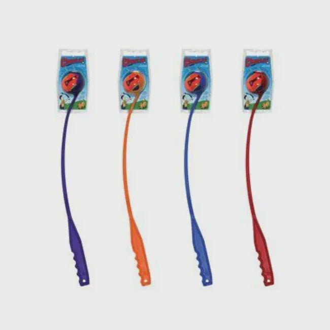 Four Chuckit! ball launchers in purple, orange, blue, and red, each packaged with a tennis ball.