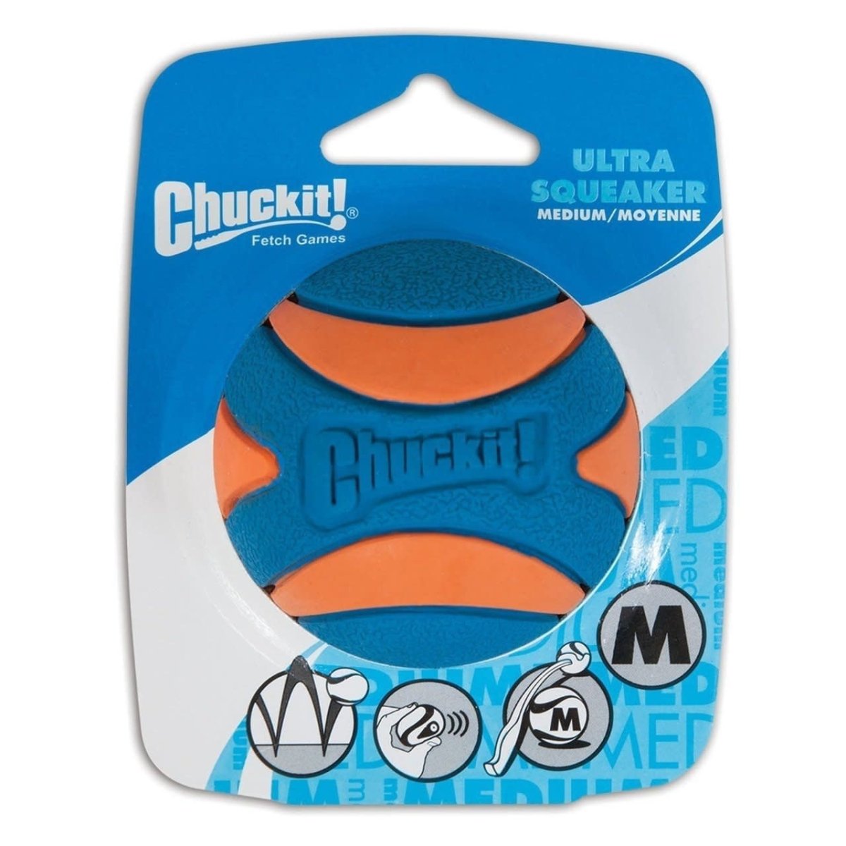 A blue and orange Chuckit! Ultra Squeaker ball in medium size packaged on a cardboard backing.